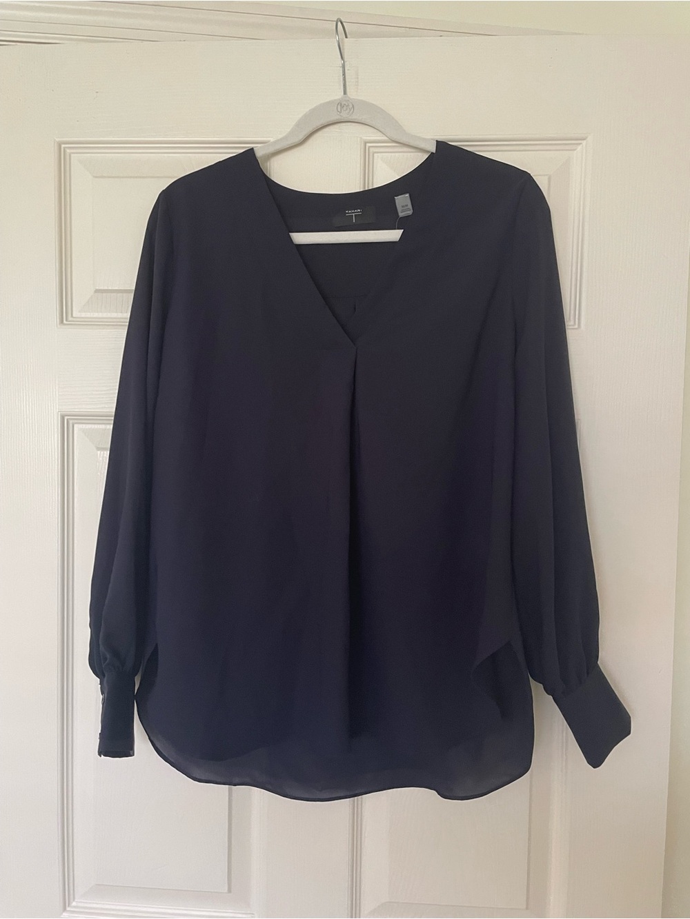 Tahari Dark Navy V-Neck Long Sleeve Blouse
